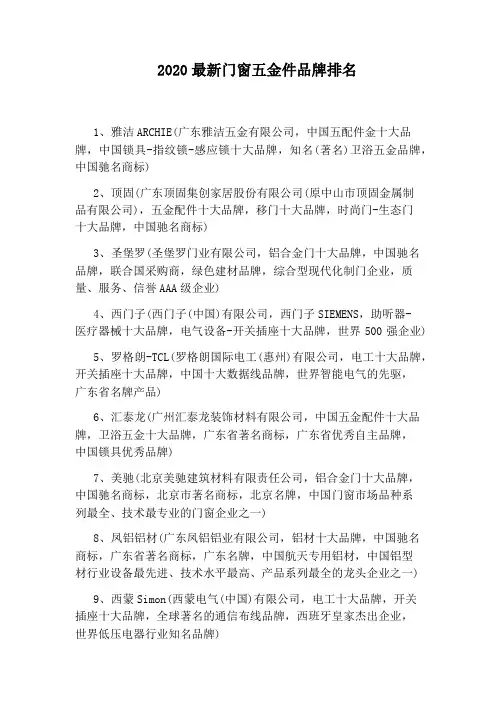 2020最新门窗五金件品牌排名