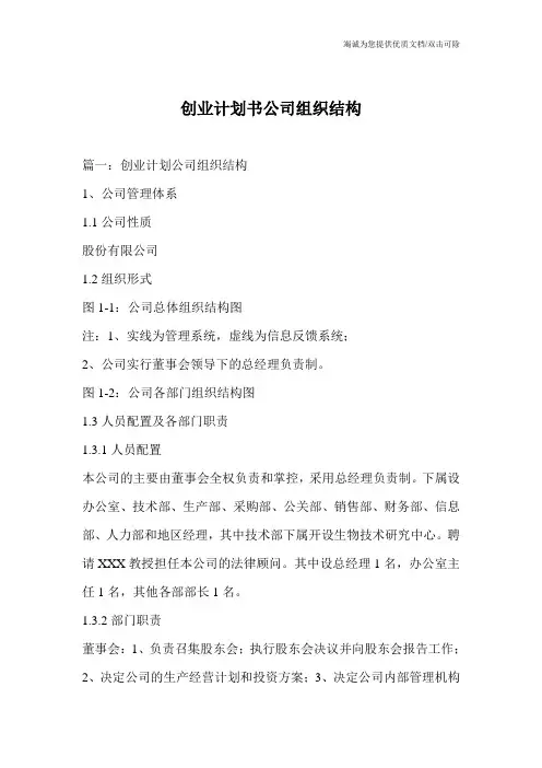 创业计划书公司组织结构