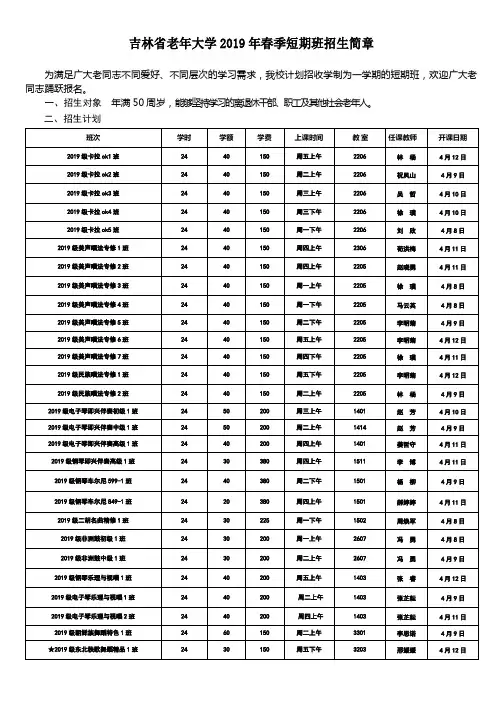 吉林老年大学2019年春季短期班招生简章
