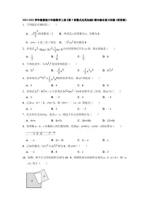 2021-2022学年鲁教版六年级数学上册《第3章整式及其加减》期末综合复习训练(附答案)