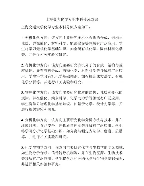 上海交大化学专业本科分流方案