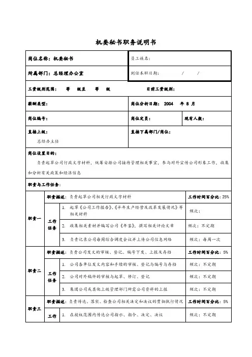 机要秘书职务说明书