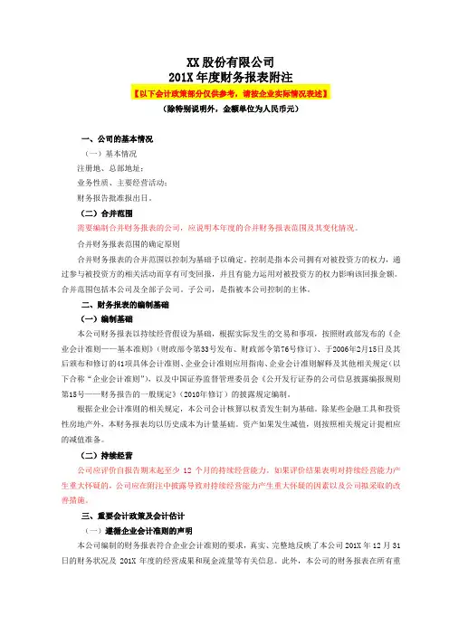 最新审计报告附注(参考模板)汇编