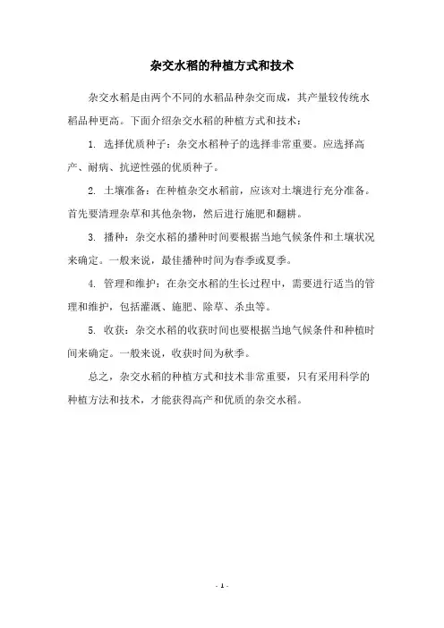 杂交水稻的种植方式和技术