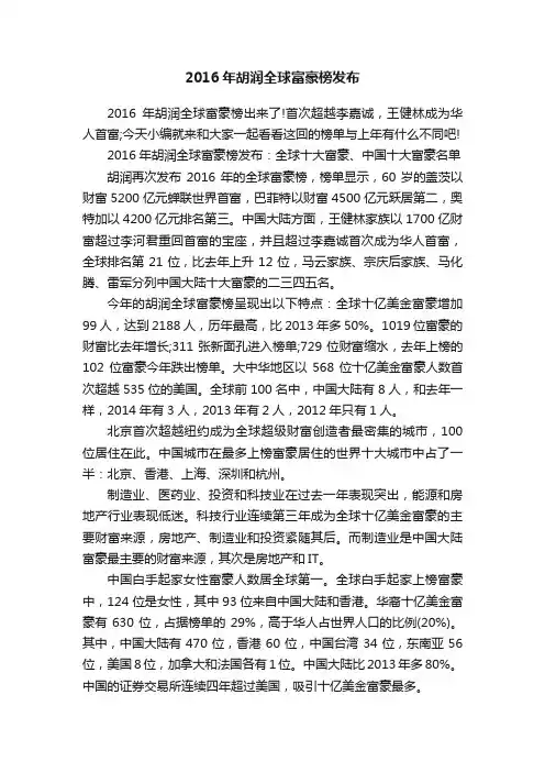 2016年胡润全球富豪榜发布