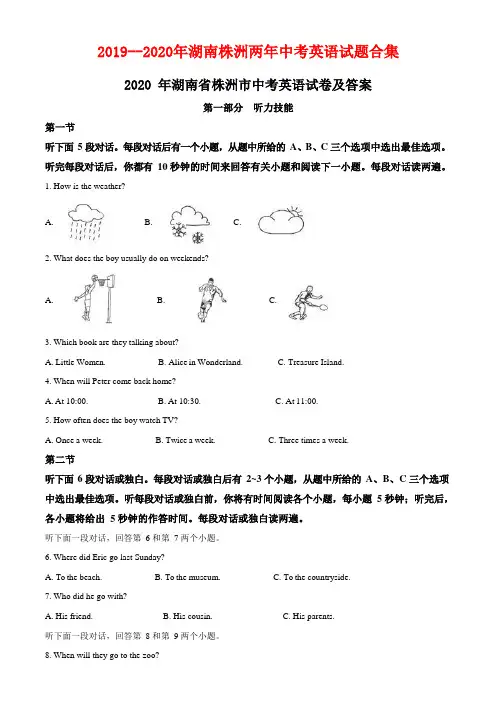 【精校版】2019--2020年湖南省株洲市两年中考英语试题合集Word版含答案