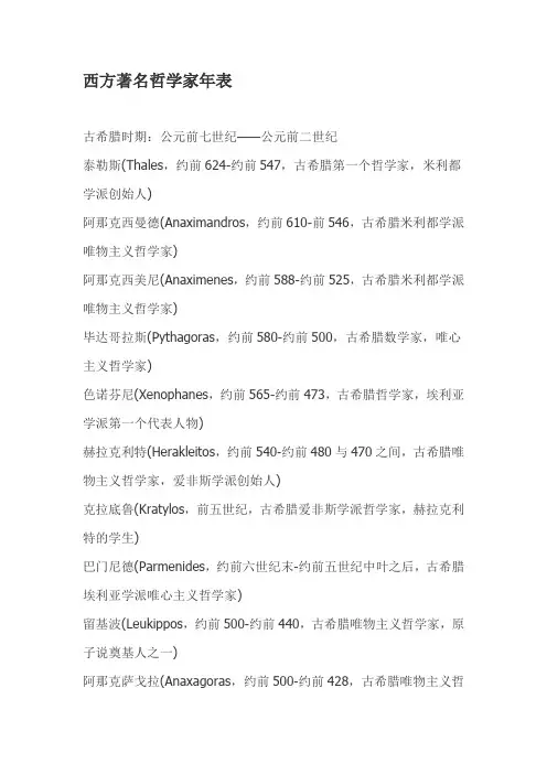 西方著名哲学家年表及简介