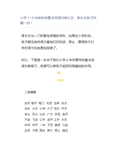 小学1~6年级所有重点词语归类汇总,家长珍藏一份