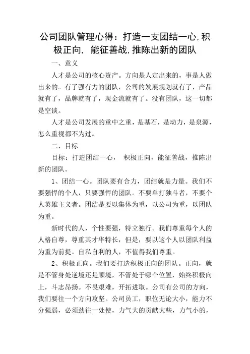 公司团队管理心得：打造一支团结一心,积极正向, 能征善战,推陈出新的团队