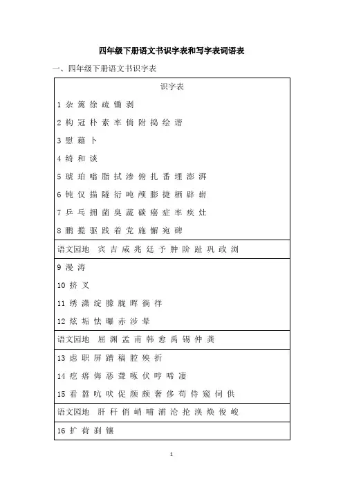 四年级下册语文书识字表和写字表词语表