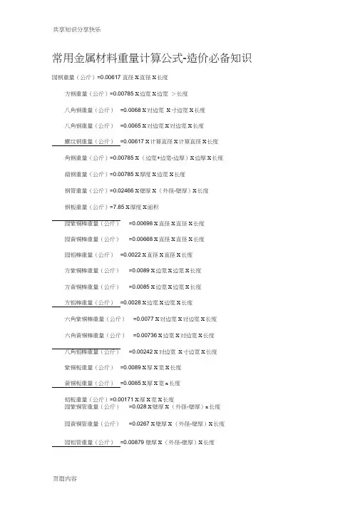 常用金属材料重量计算公式