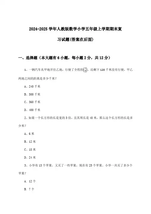 人教版数学小学五年级上学期期末试题及解答参考(2024-2025学年)