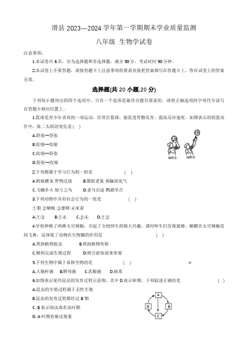 河南省安阳市滑县2023-2024学年八年级上学期期末生物试题
