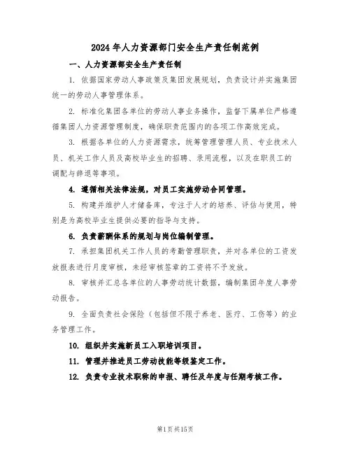 2024年人力资源部门安全生产责任制范例（五篇）