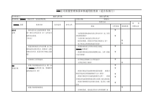 内审通用检查检查表(全套表格-适合各部门)