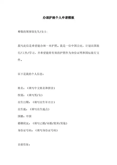 办理护照个人申请模板