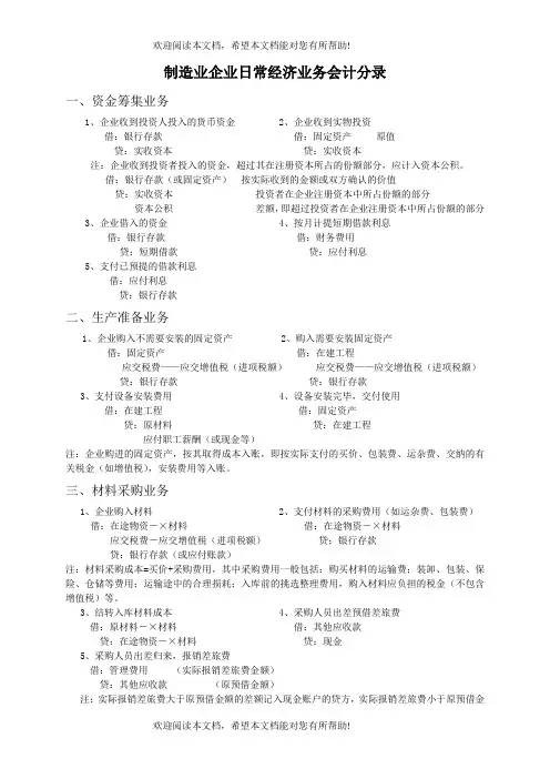 制造业企业日常经济业务会计分录