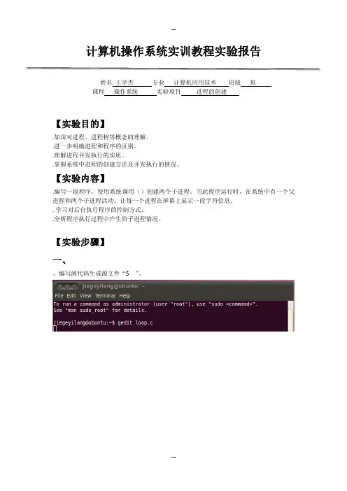 计算机操作系统实训教程之进程的创建实验报告