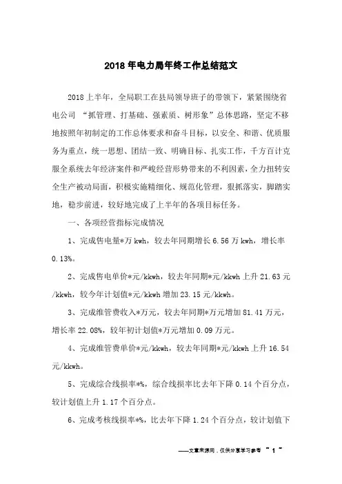 2018年电力局年终工作总结范文