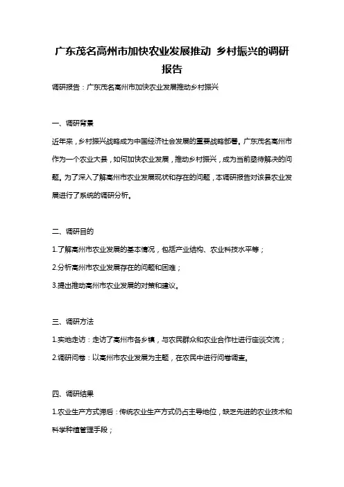 广东茂名高州市加快农业发展推动 乡村振兴的调研报告