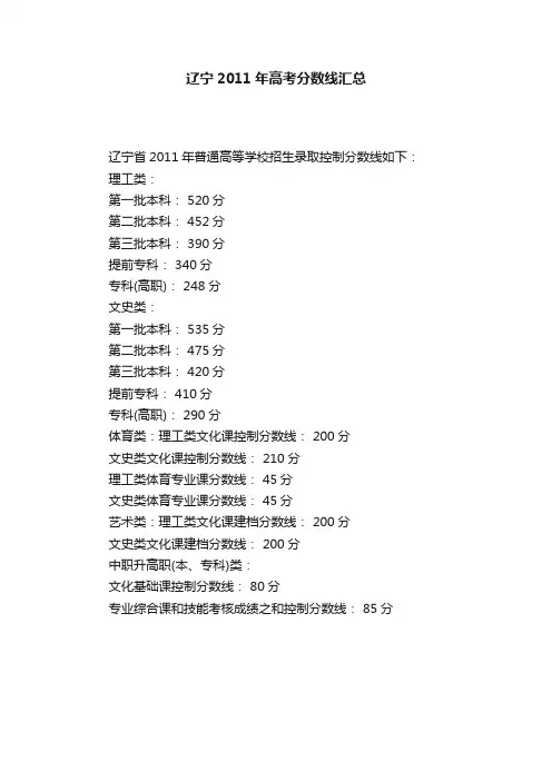 辽宁2011年高考分数线汇总