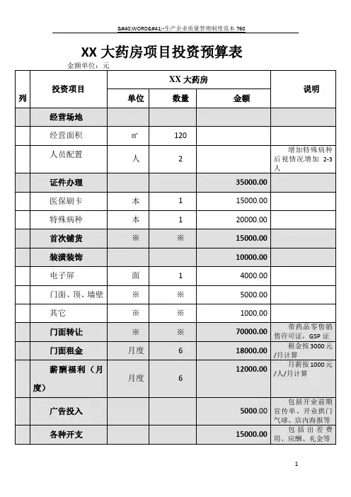 XXXX大药房项目投资预算表