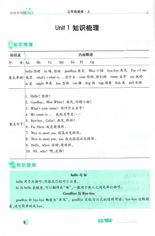 三年级英语(上)：单元知识归纳(PDF 陕旅版)