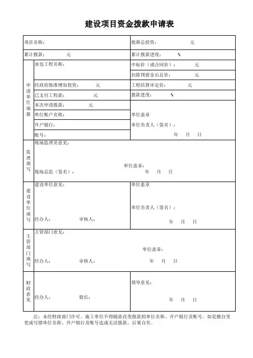 建设项目资金拨款申请表