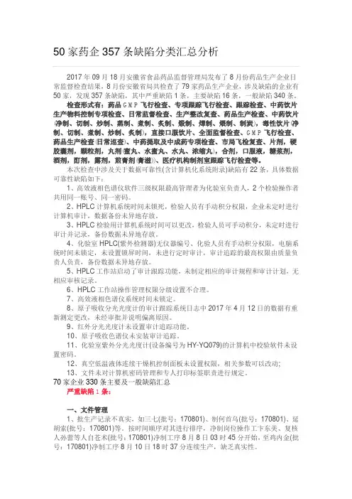 50家药企357条缺陷分类汇总分析(2017.9)
