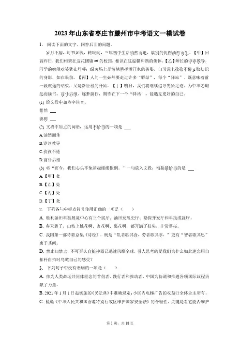 2023年山东省枣庄市滕州市中考语文一模试卷(含答案解析)