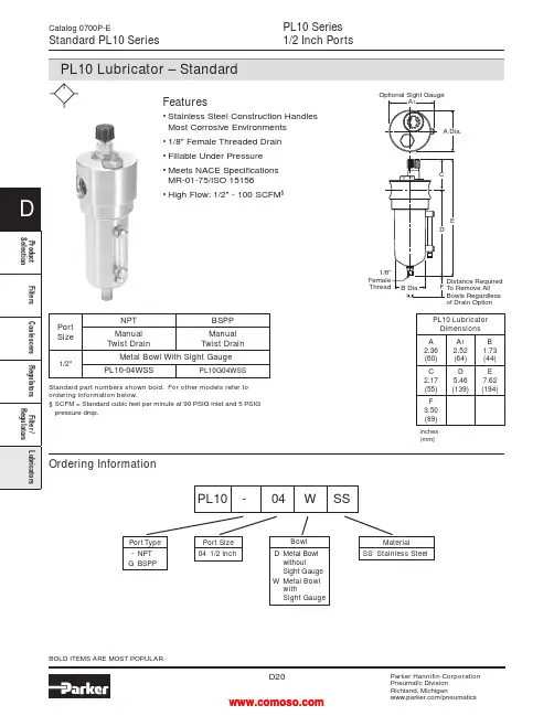 Parker Hannifin PL10胶油器产品说明书