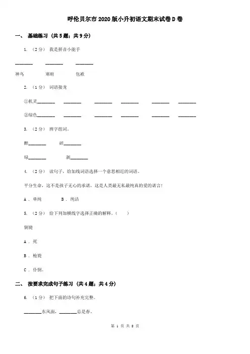 呼伦贝尔市2020版小升初语文期末试卷D卷