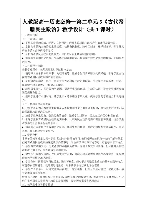 人教版高一历史必修一第二单元5《古代希腊民主政治》教学设计(共1课时)