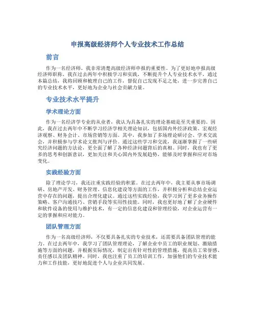 申报高级经济师个人专业技术工作总结