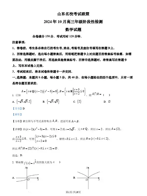 山东省名校考试联盟2024-2025学年高三上学期10月阶段性检测数学试题(解析版)