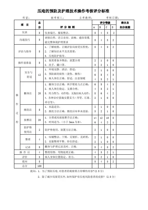 压疮的预防及护理技术操作考核评分标准