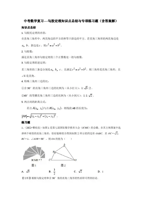 中考数学复习----勾股定理知识点总结与专项练习题(含答案解)