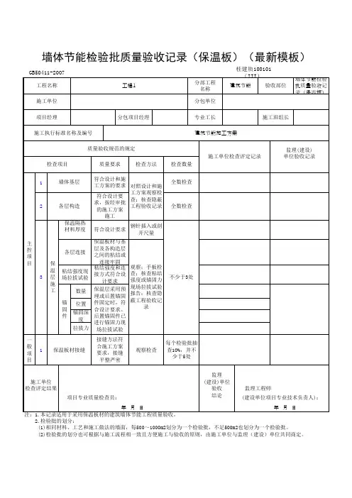 墙体节能检验批质量验收记录(保温板)(最新模板)