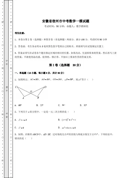【历年真题】安徽省宿州市中考数学一模试题(含答案及详解)
