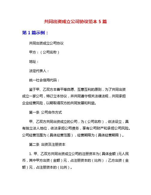 共同出资成立公司协议范本5篇
