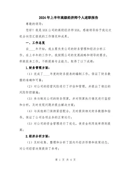 2024年上半年高级经济师个人述职报告