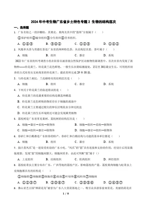 2024年中考生物广东省乡土特色专题2 生物的结构层次