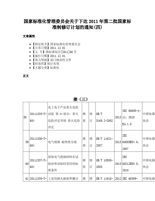 国家标准化管理委员会关于下达2011年第二批国家标准制修订计划的通知(四)