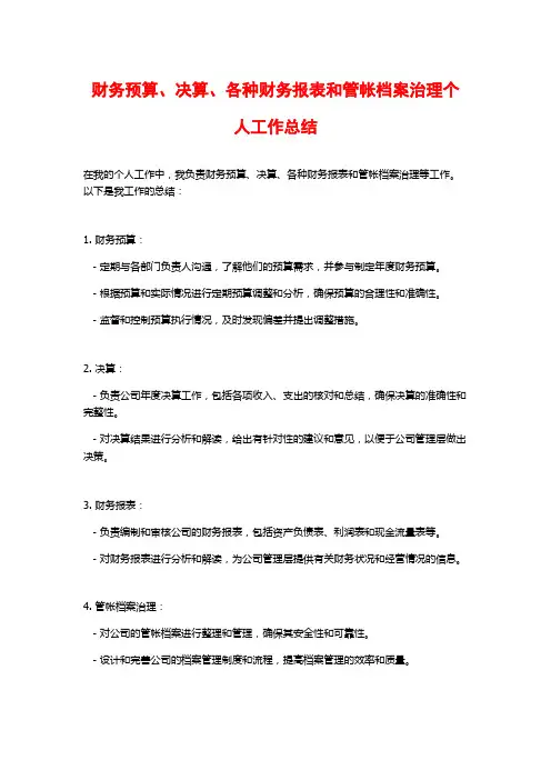 财务预算、决算、各种财务报表和管帐档案治理个人工作总结