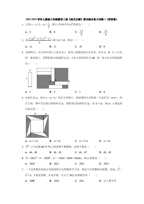 2021-2022学年人教版八年级数学上册《因式分解》期末综合复习训练1(附答案)