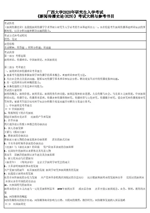 广西大学629新闻传播史论2020年考研专业课初试大纲