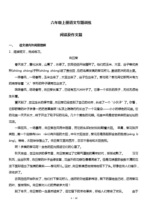六年级上册语文专题训练(阅读及作文篇 )