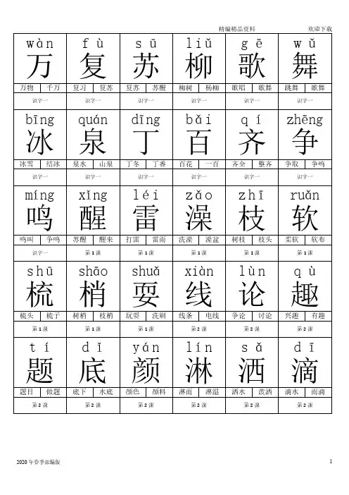 一年级下册语文人教生字卡片(完美版打印版)