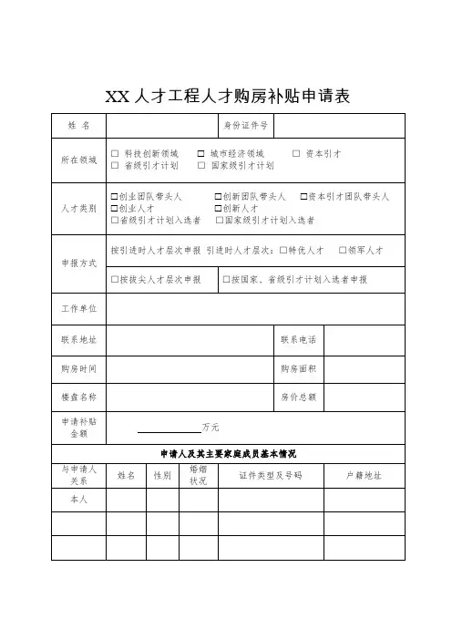 人才工程人才购房补贴申请表