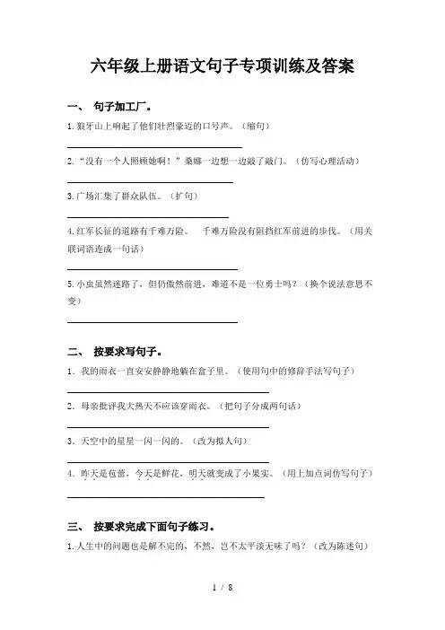 六年级上册语文句子专项训练及答案